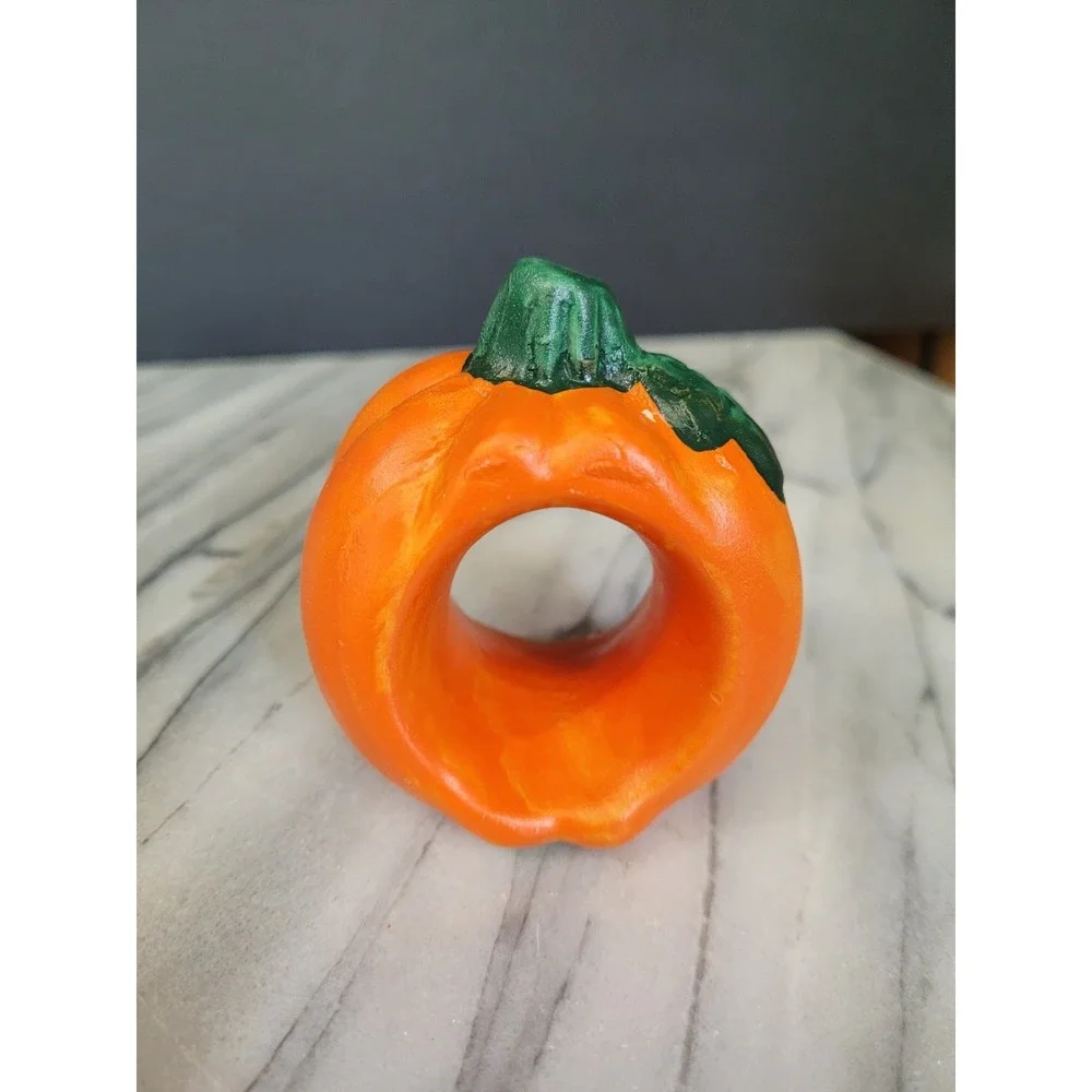 Vintage Ceramic Pumpkin Napkin Rings Set Of 4 Halloween Fall Thanksgiving 3